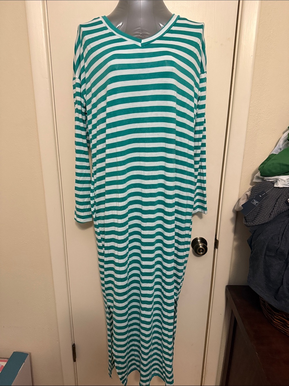 eloges Striped Teal and White Maxi Dress - Long Sleeve Size Small Lightweight